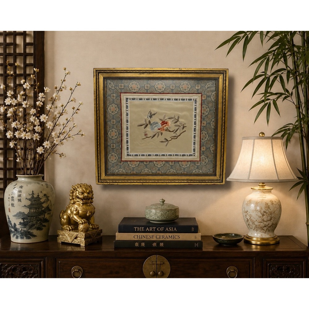 Vintage Asian Silk Embroidery Framed Floral Butterfly Art Chinoiserie Decor